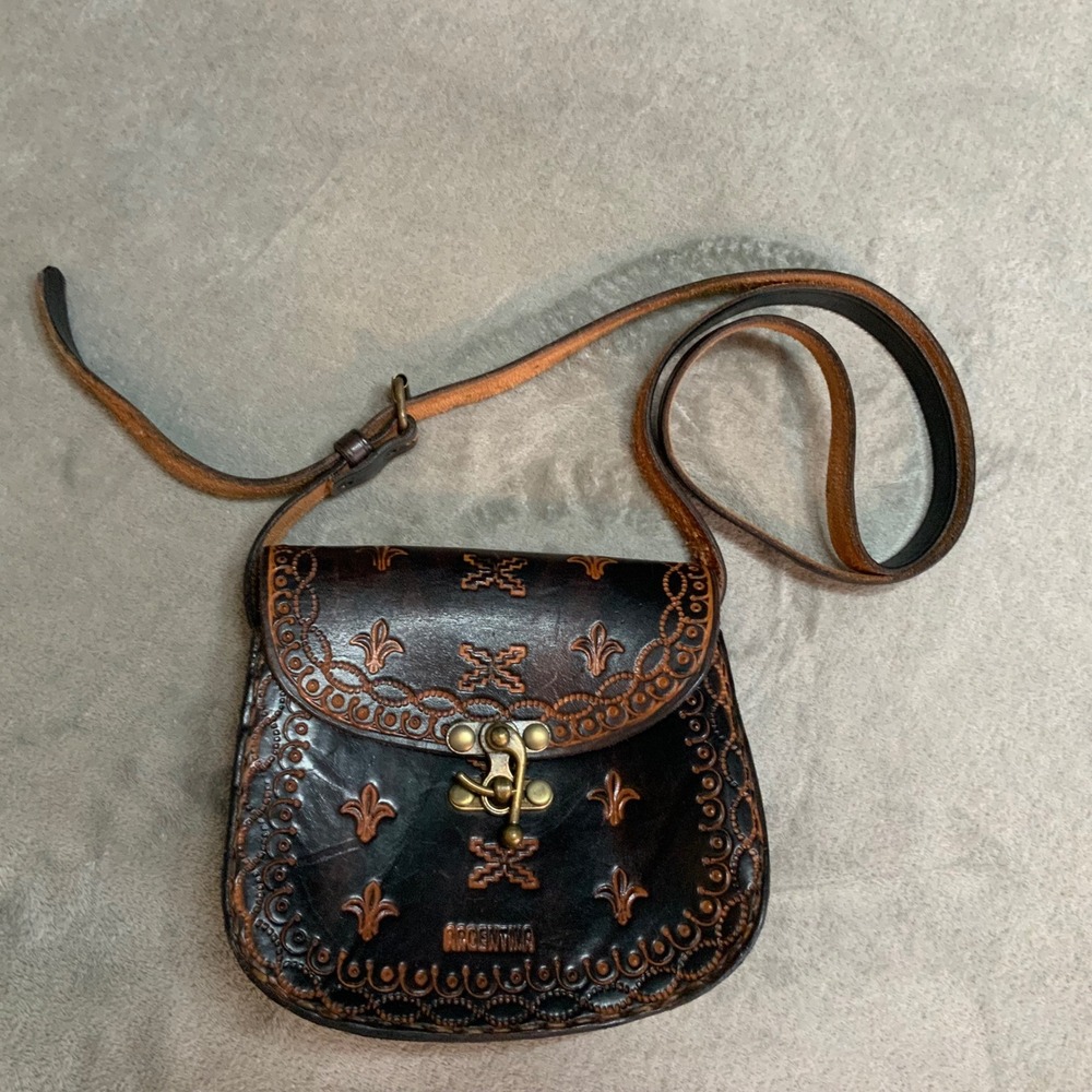 Vintage Argentina Hand Tooled Leather Crossbody Bag Dark Brown Boho Western